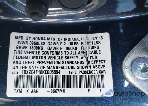 2019 Honda Insight Lx from USA, damaged, VIN 19XZE4F18KE005554
